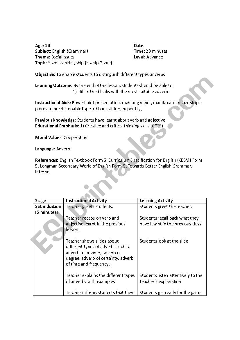 Grammar - Save a sinking ship worksheet