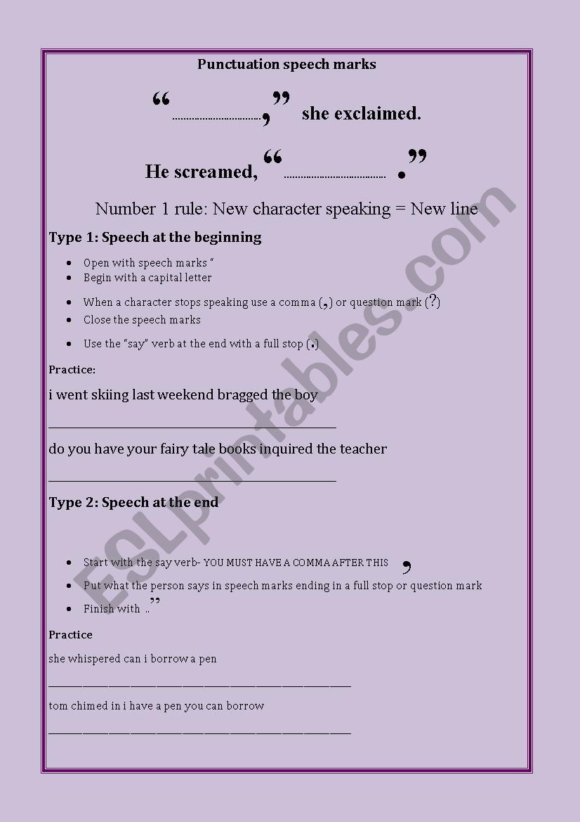Punctuating Speech in Writing worksheet