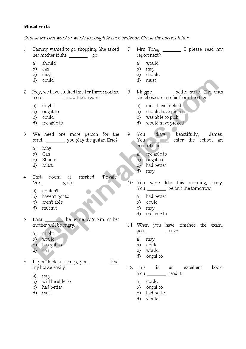 Model Verb worksheet