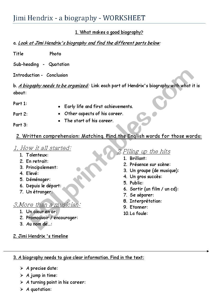 Worksheet  on Jimi Hendrix Â´s biography 