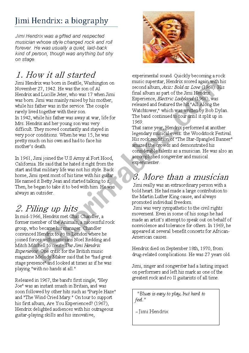 Jimi Hendrix Â´s biography worksheet