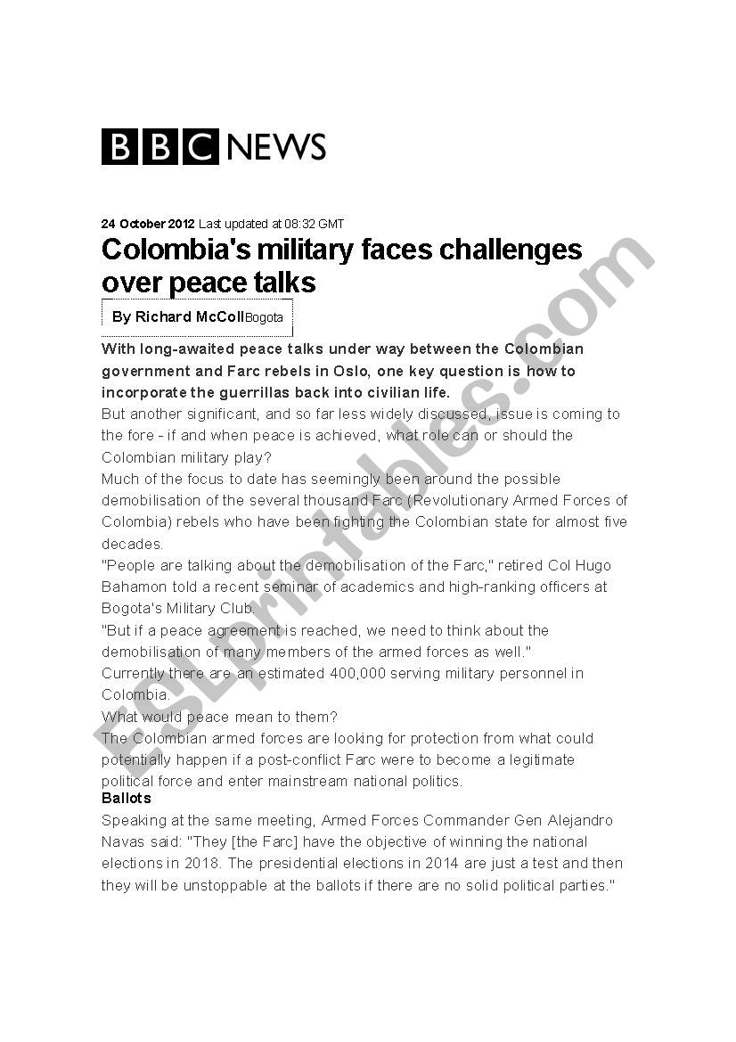 COLOMBIA PEACE TALKS worksheet