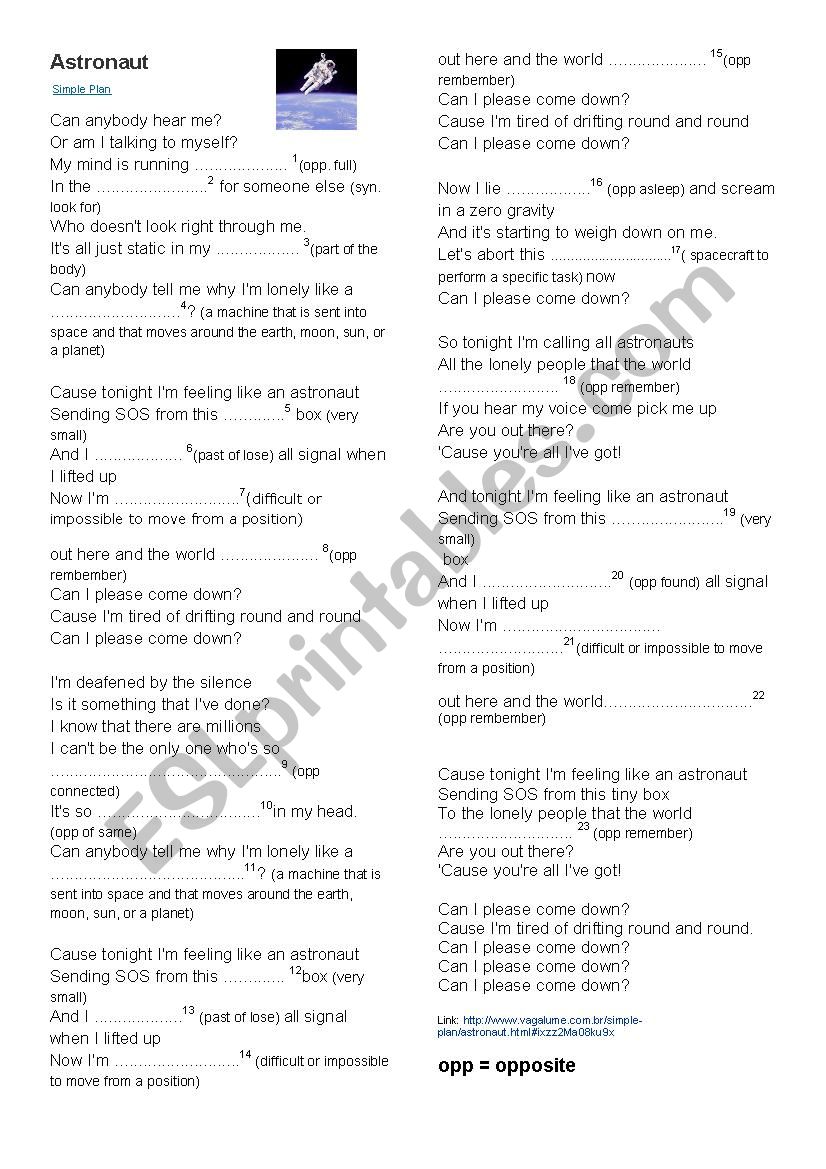 song Astronaut worksheet