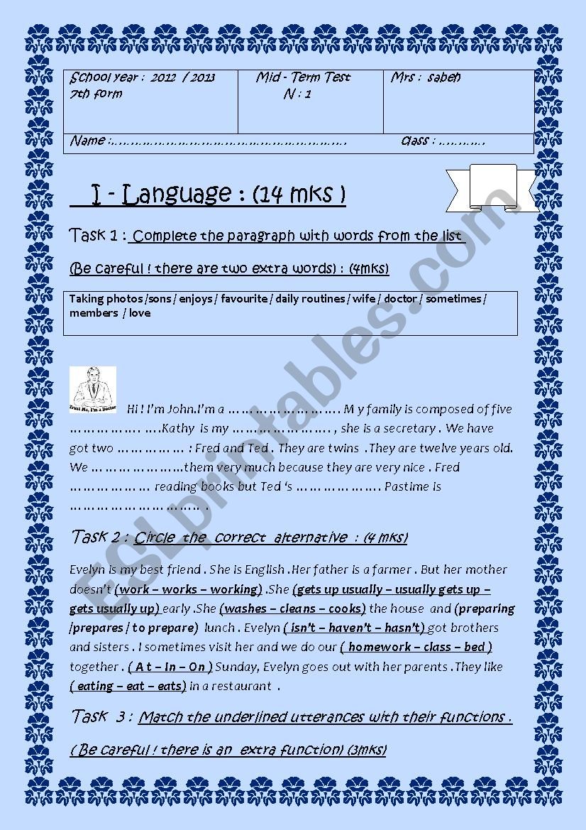 Mid Term- Test n : 1 7th form worksheet