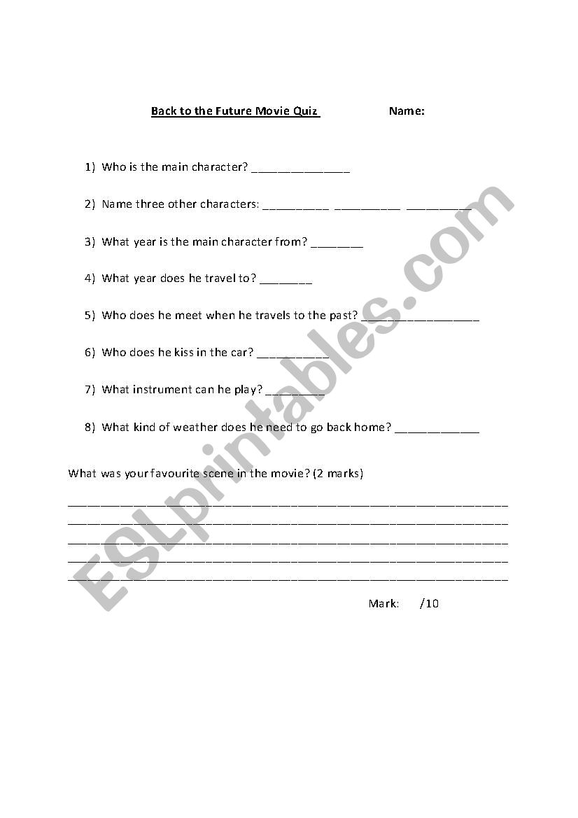 Back to the Future Movie Quiz worksheet