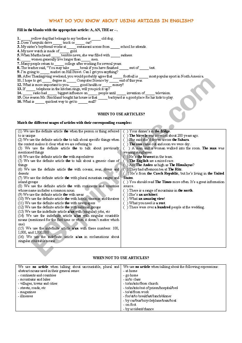 The use of articles worksheet