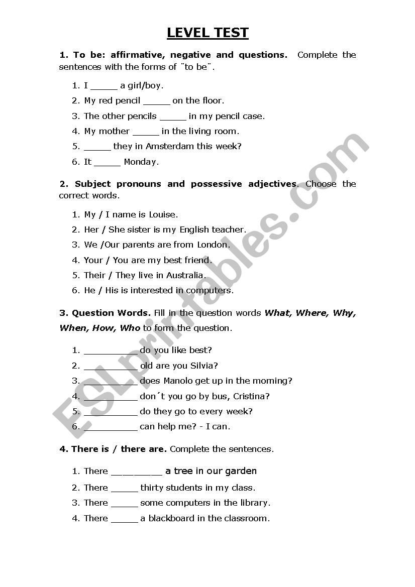 Level test worksheet