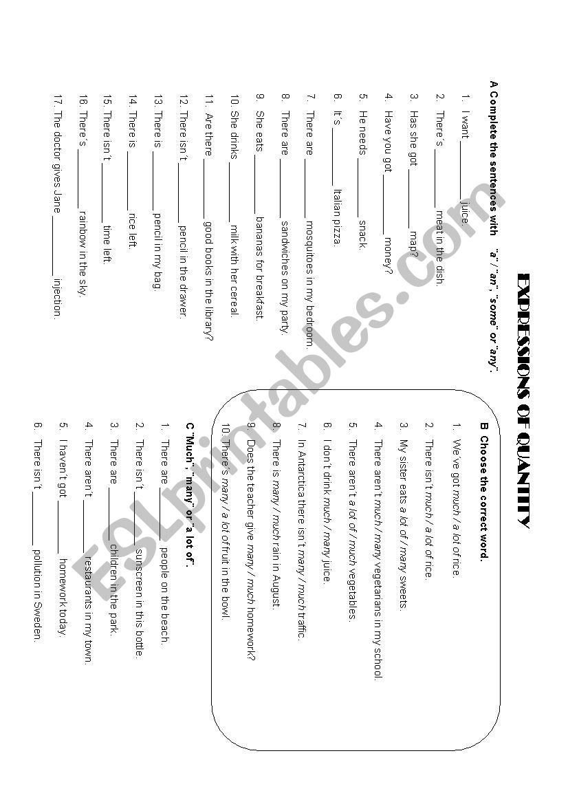 Expressions of quantity. A/an , any, some, many, much, a lot of