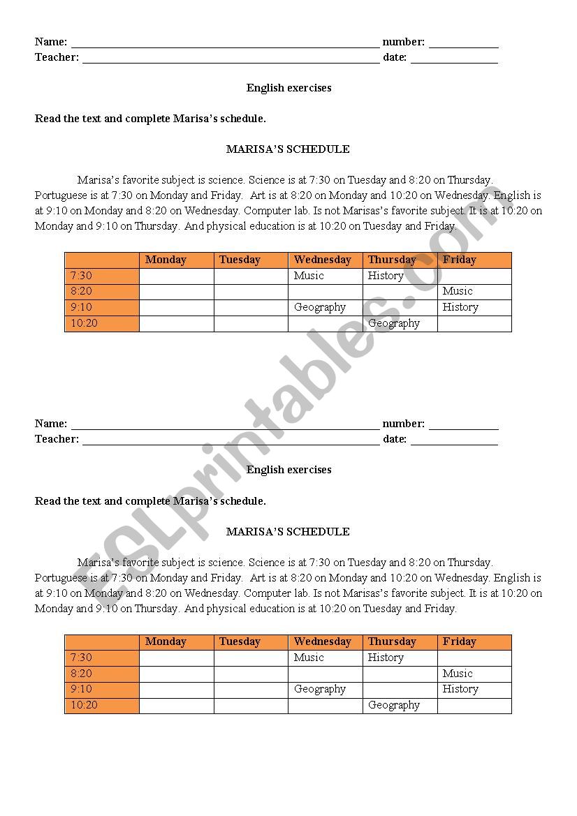 Days of the week worksheet