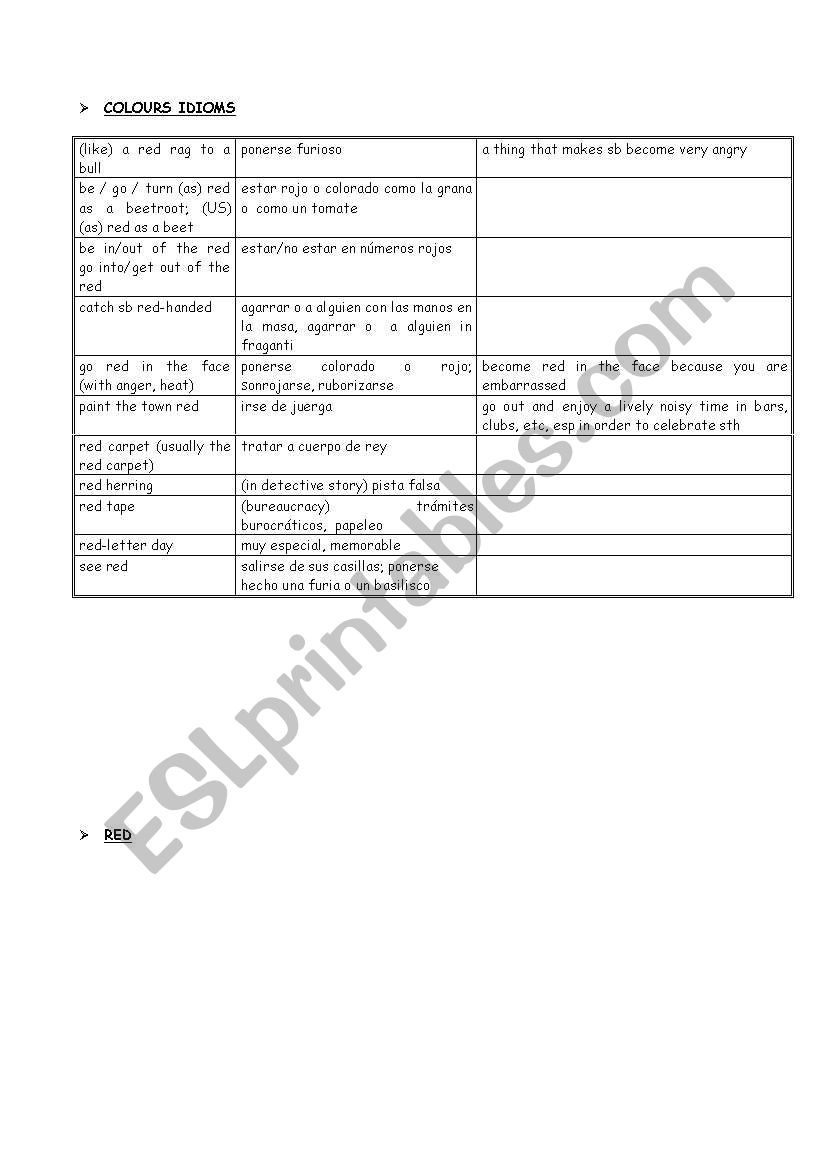 red idioms worksheet