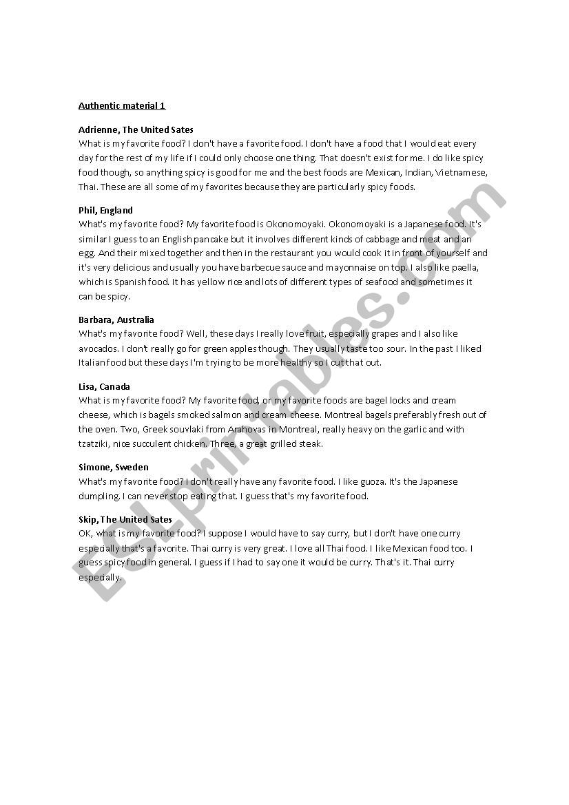 Authentic Material worksheet