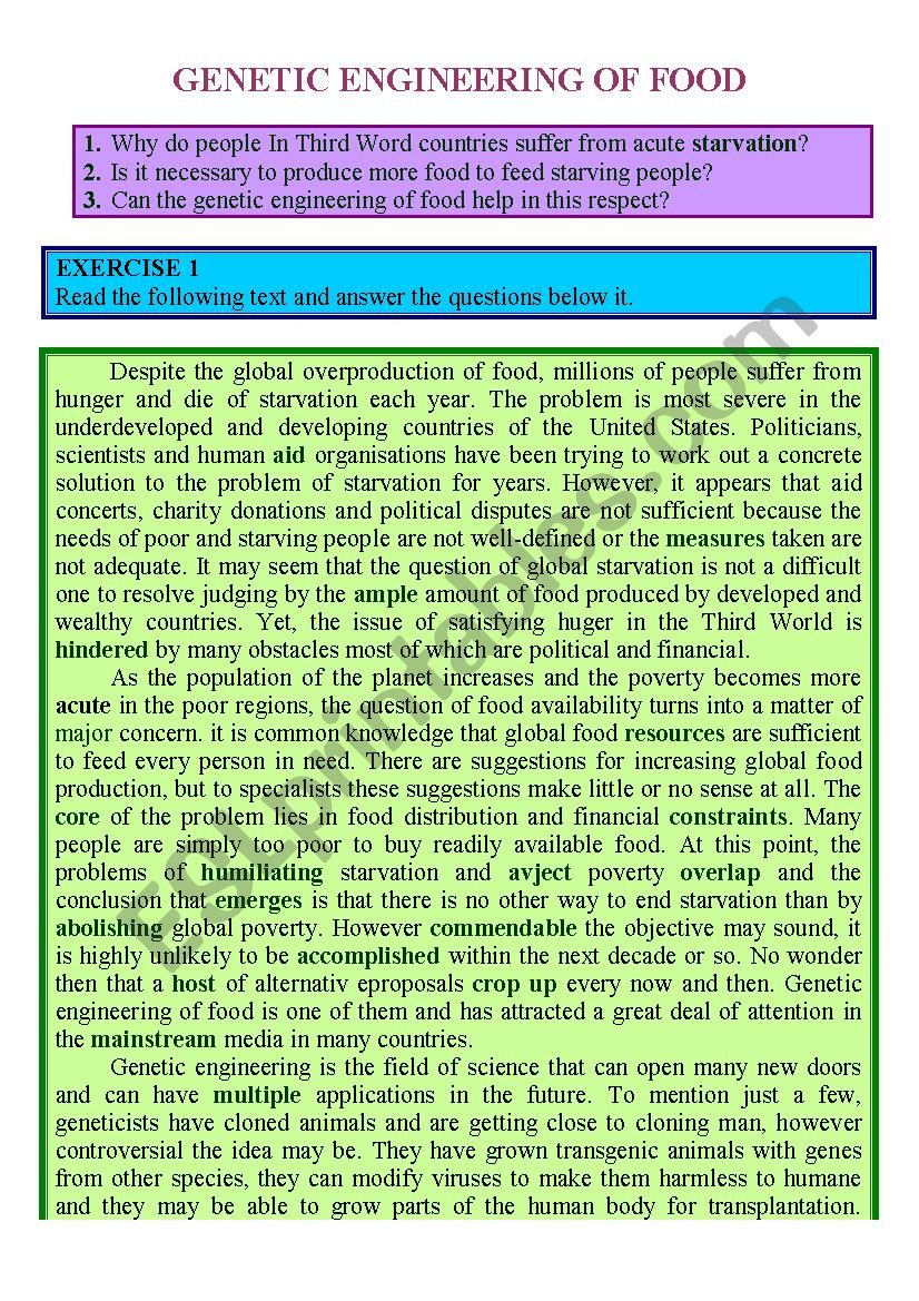 GENETIC ENGINEERING ON FOOD - READING COMPREHSNSON, SPEAKING & WRITINGq!