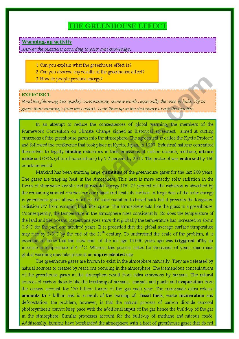 GREENHOUSE EFFECT - reading comprehension + writing and speaking
