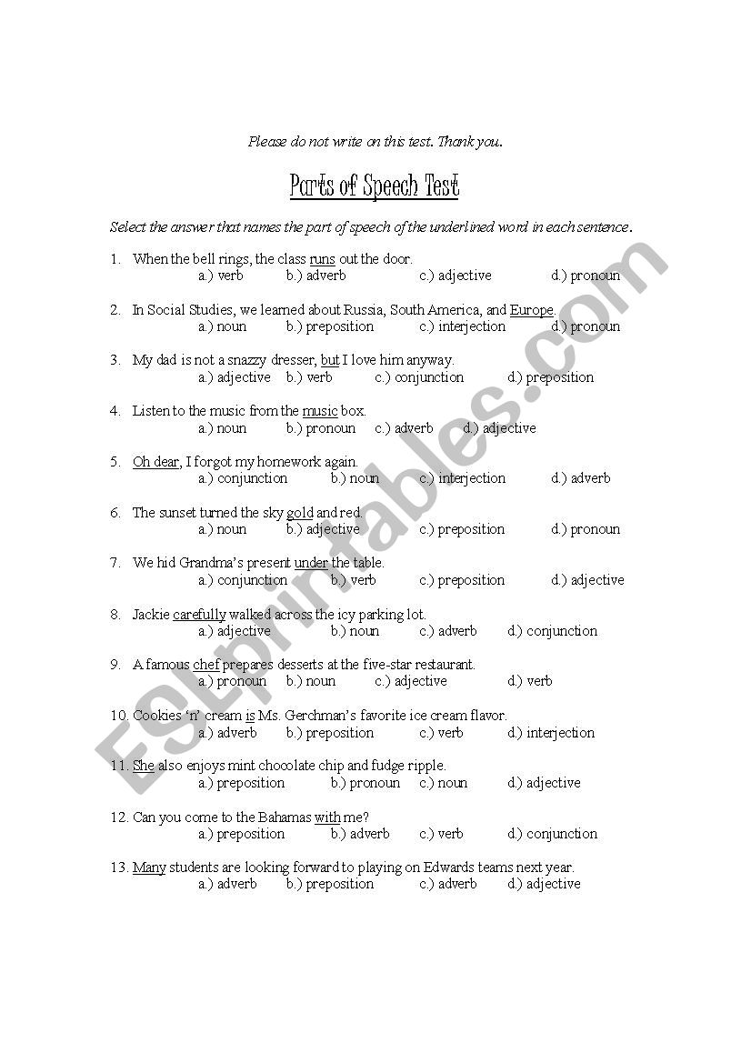 Parts of speech test worksheet