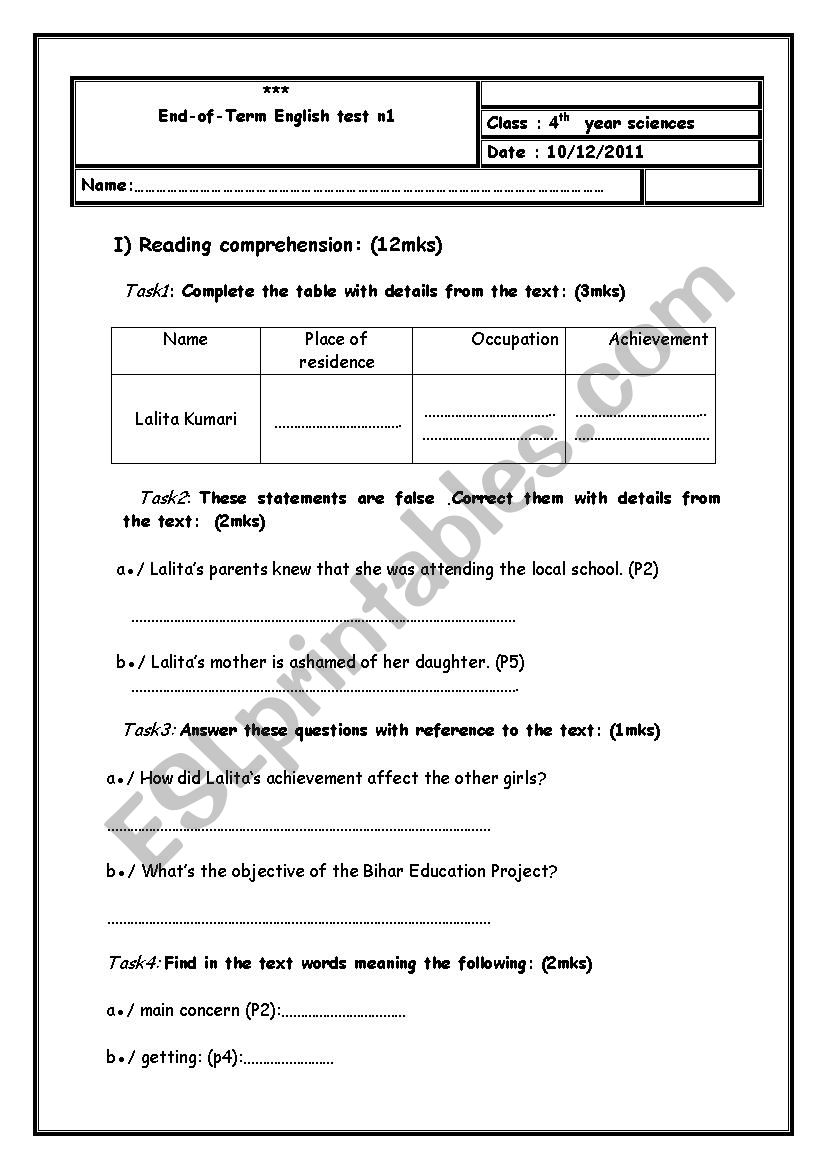 End of term test n:1 worksheet