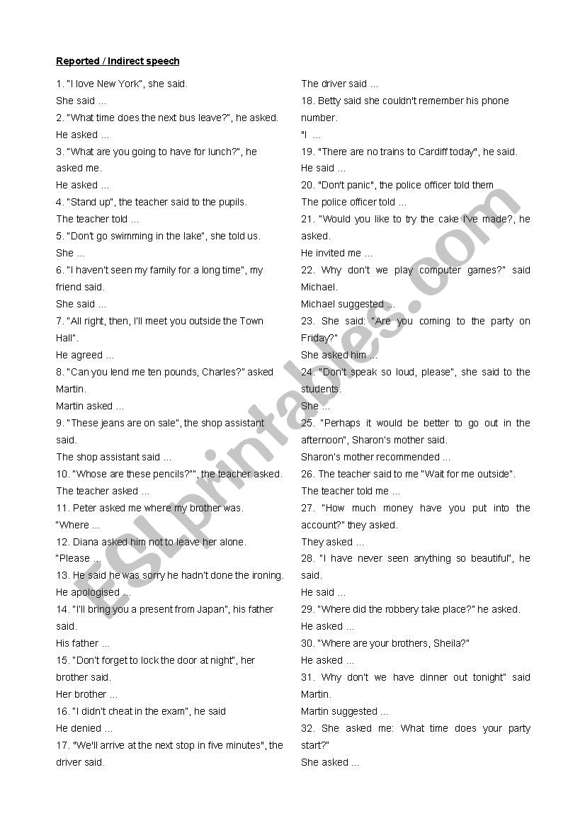 reported speech worksheet