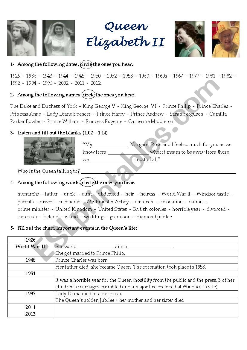 Video/listening Comprehension - Queen ElizabethÂ´s biography