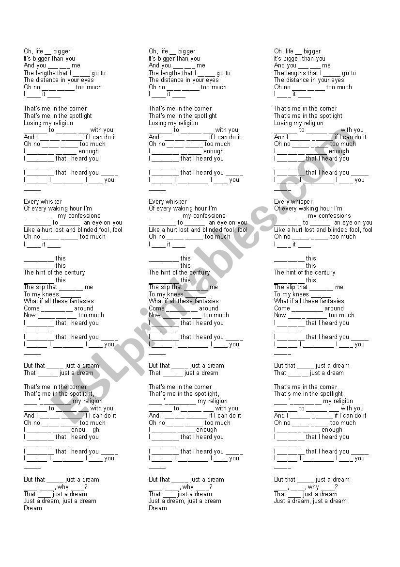 LOSING MY RELIGION - REM- WORKSHEET