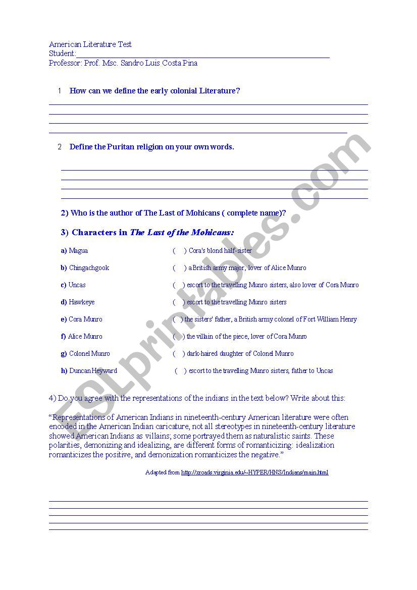 American Literature Test worksheet