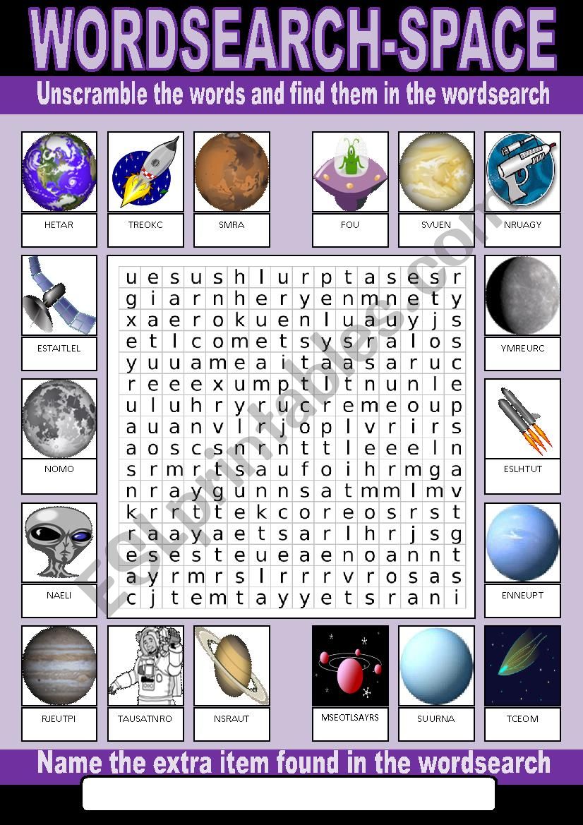 Space Wordsearch worksheet