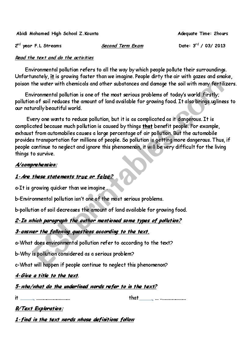 environmental pollution worksheet