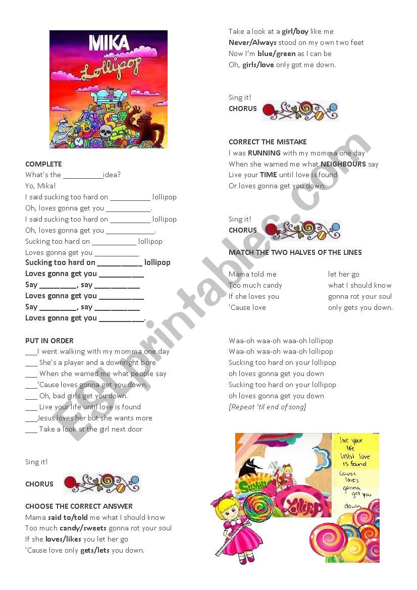 Song: Lollipop (Mika) worksheet