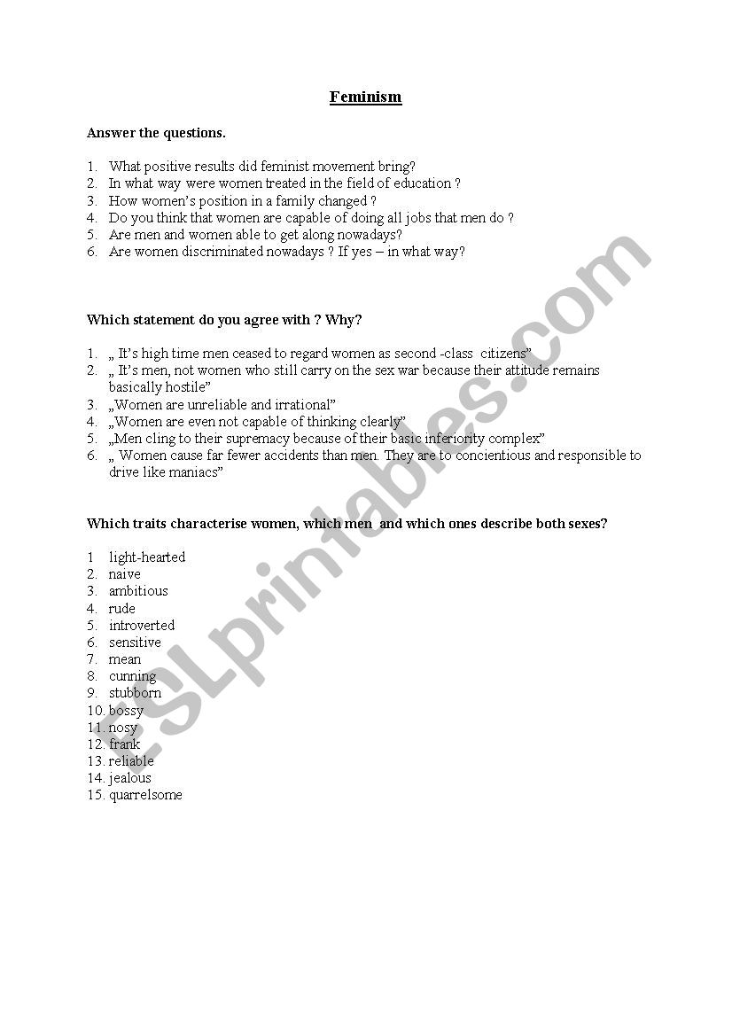 men vs women feminism worksheet