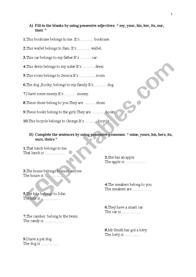 possessive adjectives and possessive pronouns