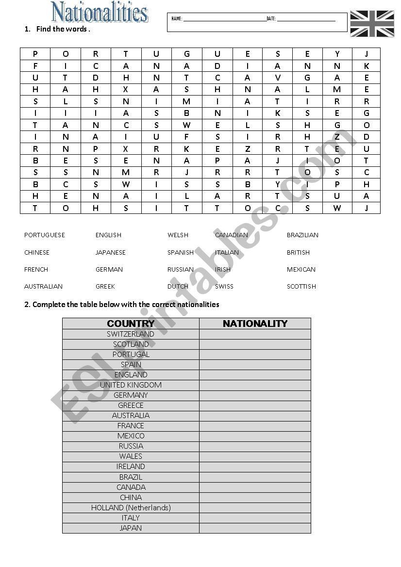 Nationalities wordsearch worksheet