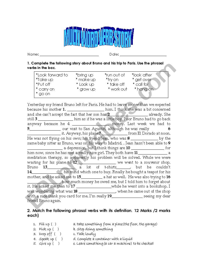 MULTIWORD VERB STORY  worksheet