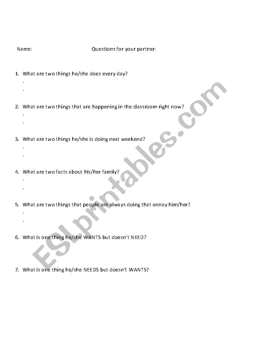 Present Continuous Partnered Survey Questionnaire