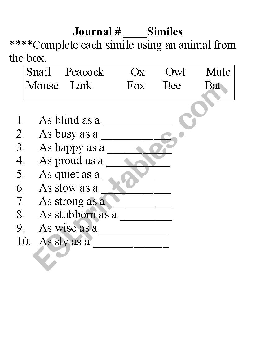 Simile Practice worksheet