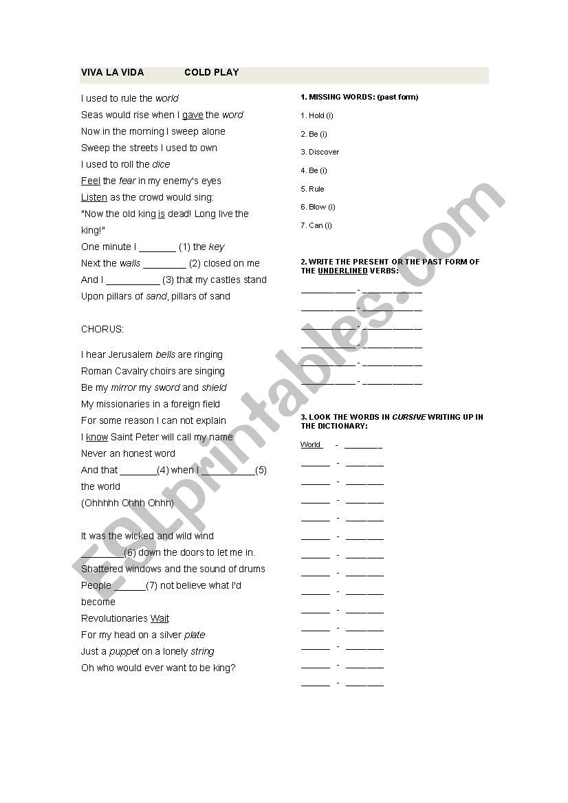 VIVA LA VIDA EXERCISE worksheet