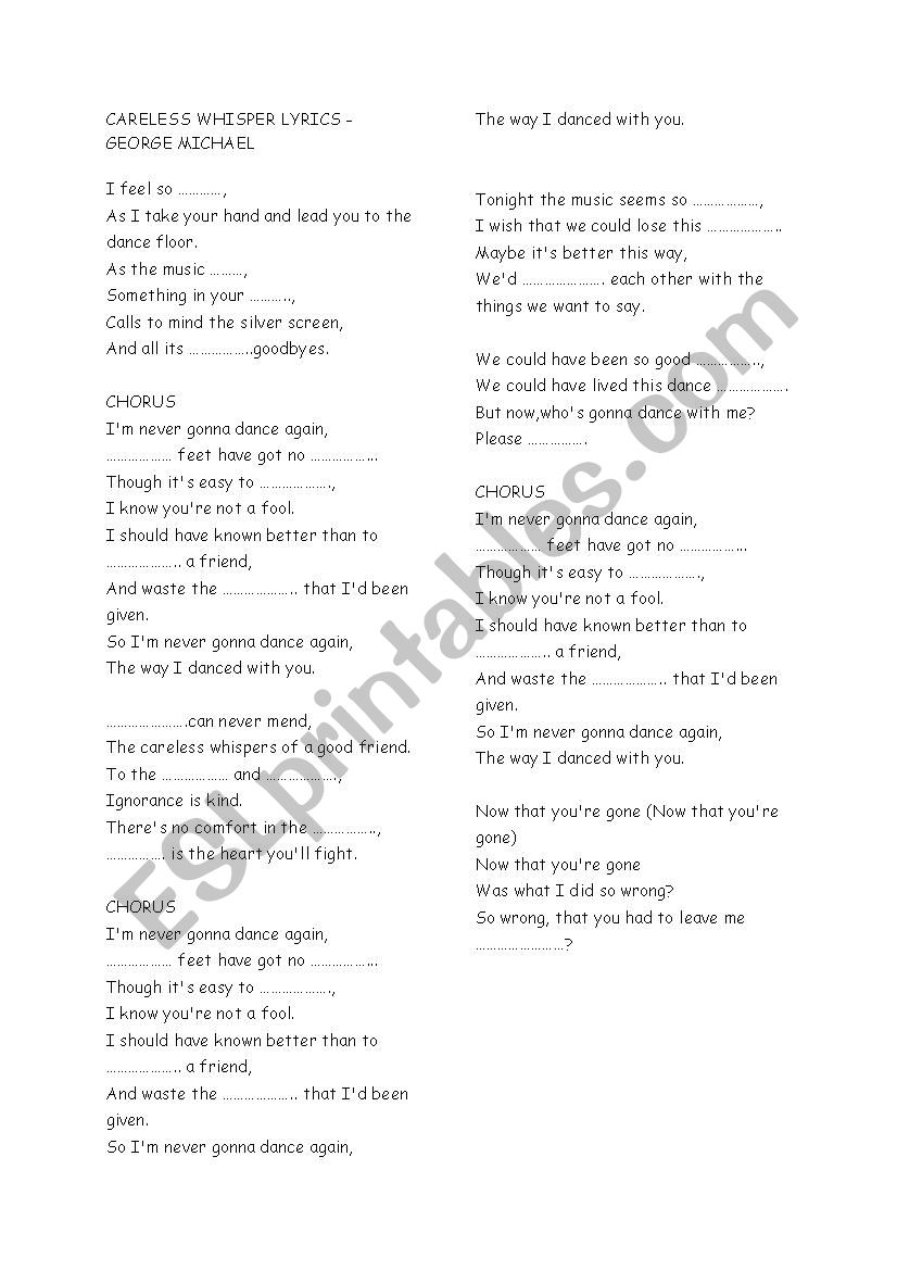 careless whisper lyrics worksheet