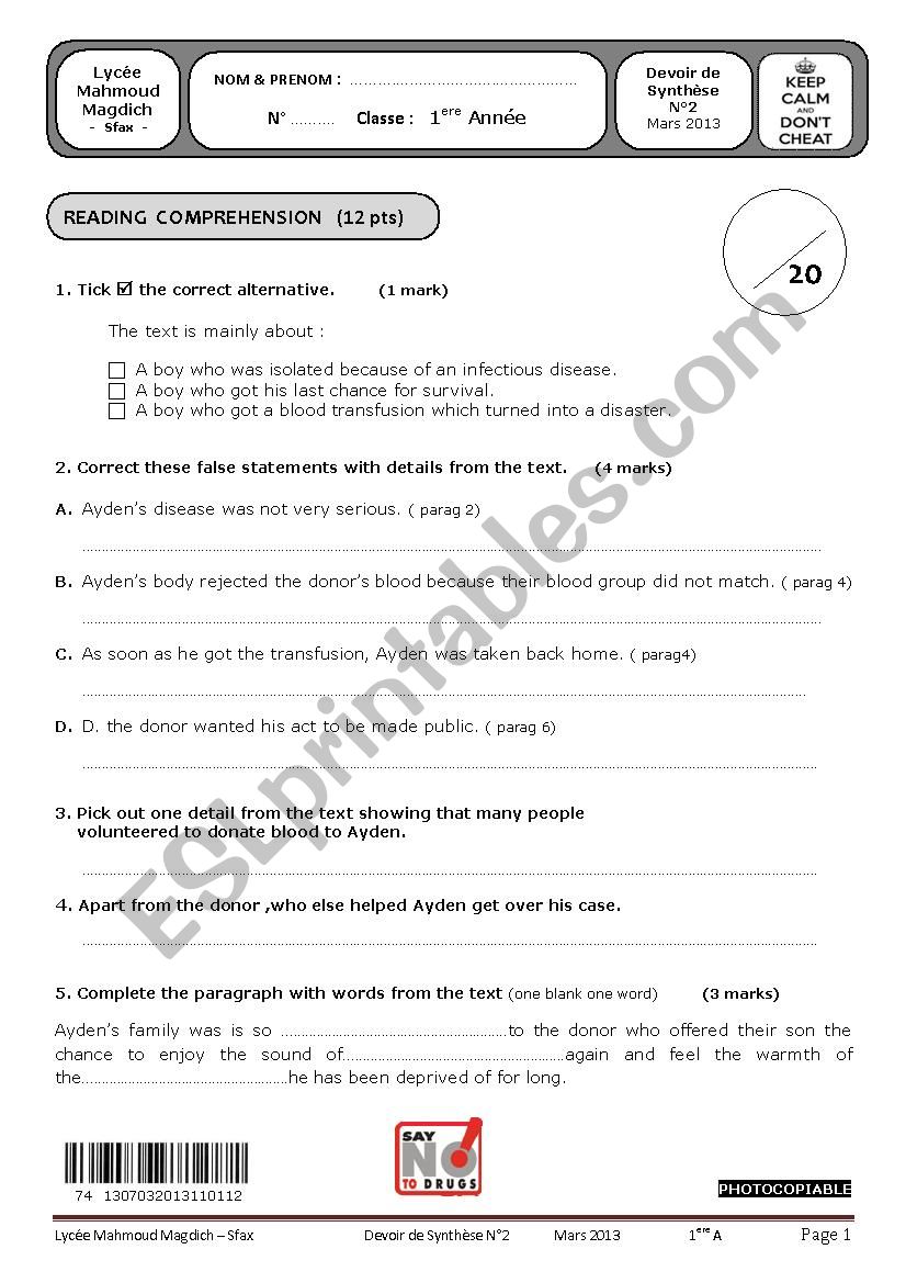 english test second term first form tunisian schools