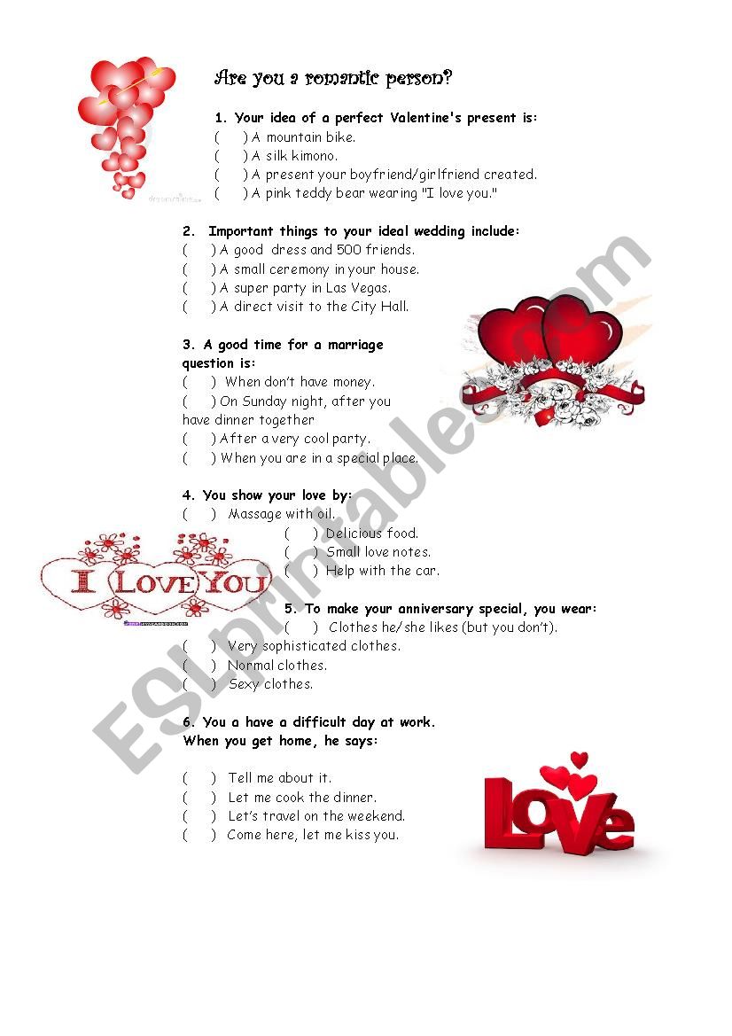 Quiz: Are you very romantic? worksheet