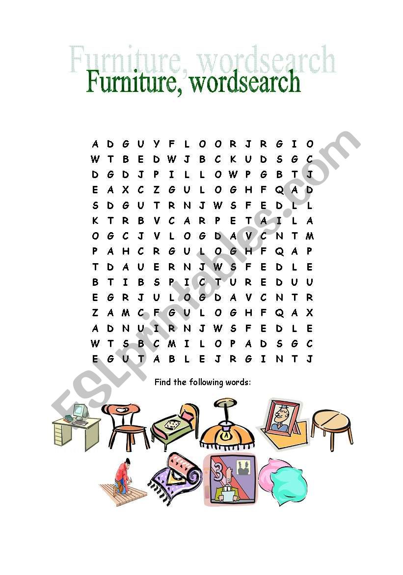furniture, wordsearch worksheet