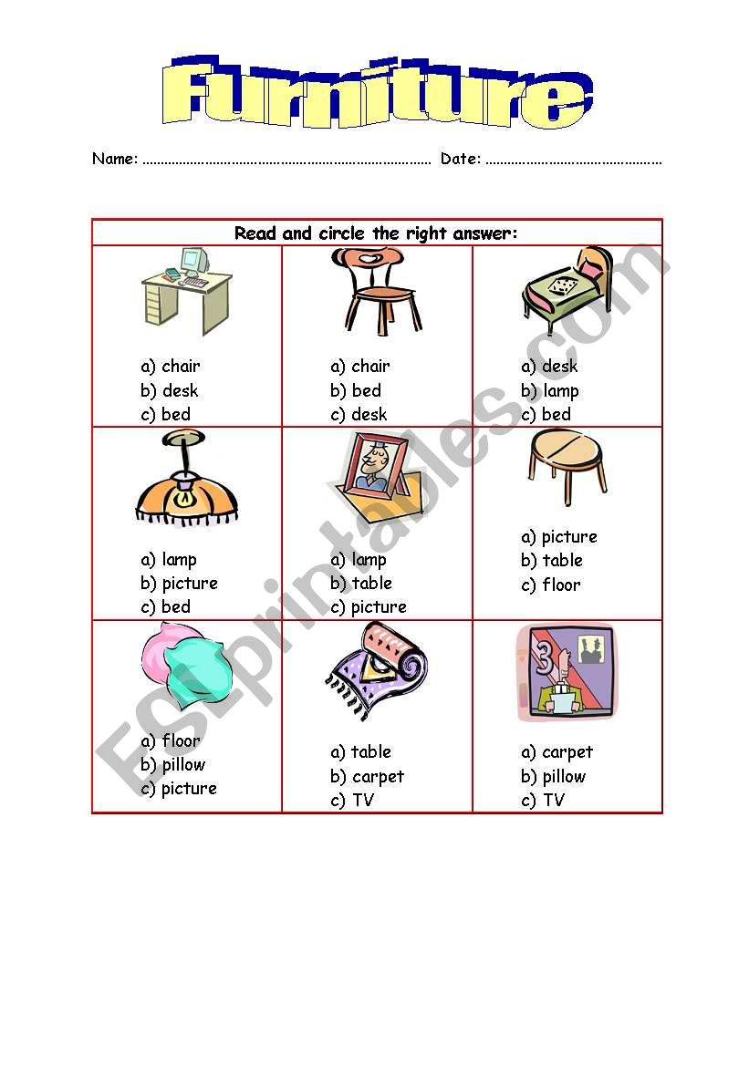 FUTNITURE, multiple choice worksheet