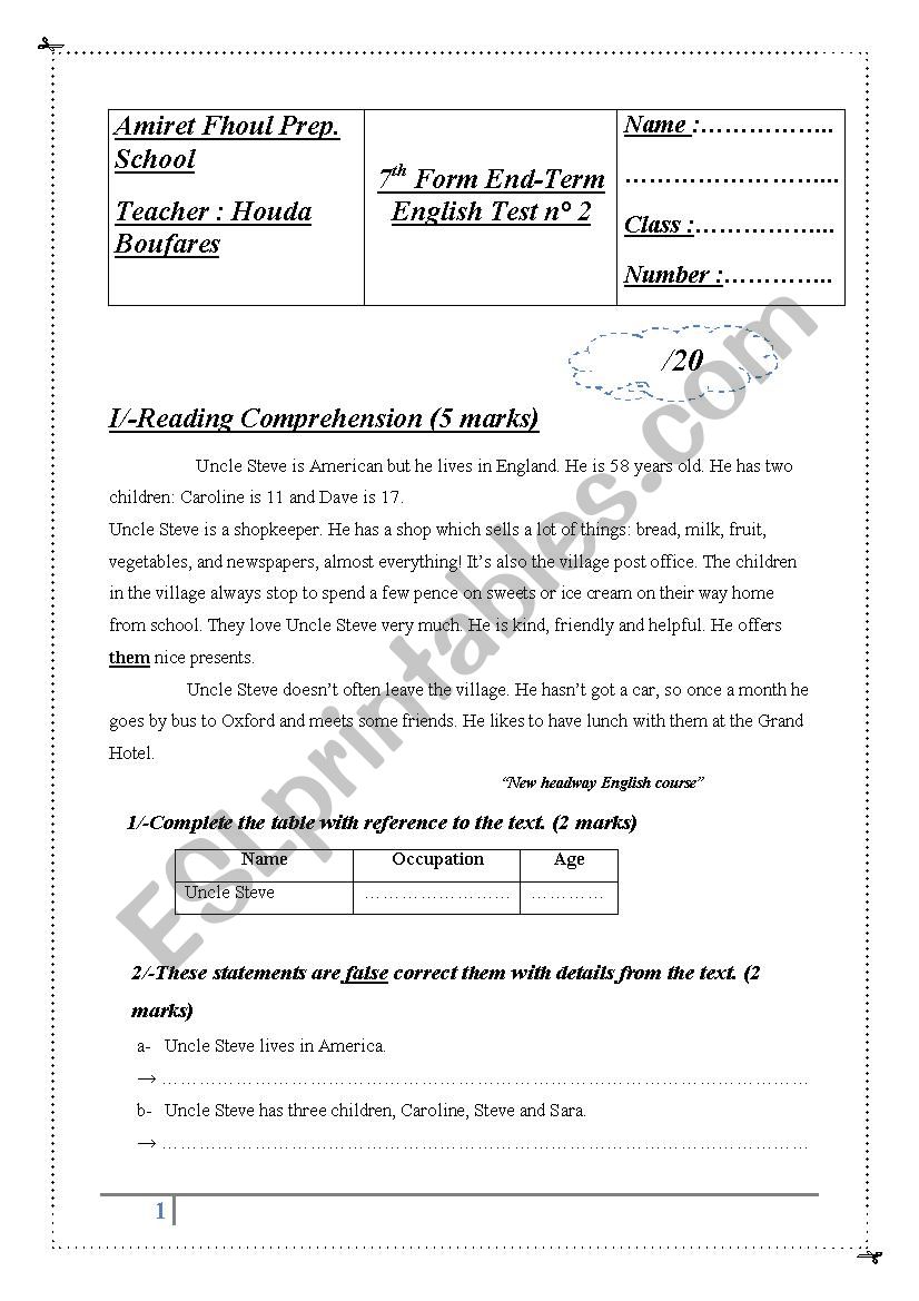 7th form end term test n 2 worksheet