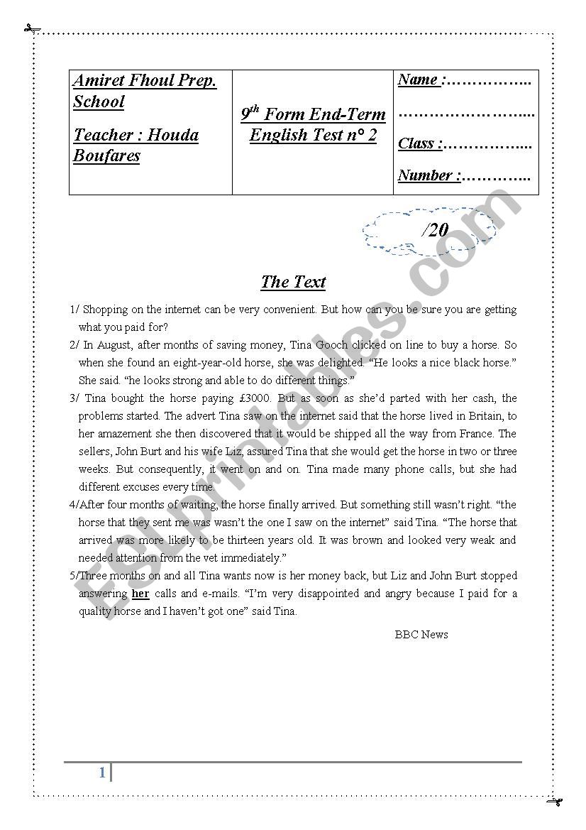 9th Form End Term Test n 2  worksheet