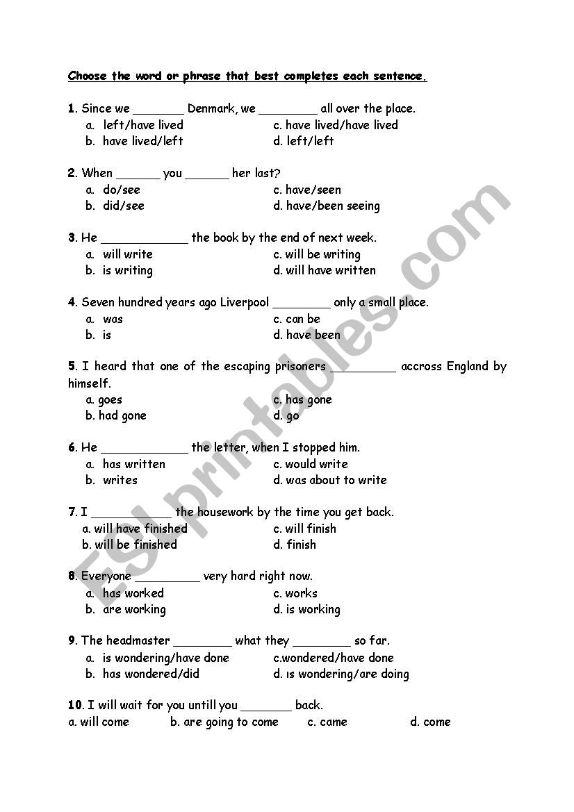 a test on tenses worksheet