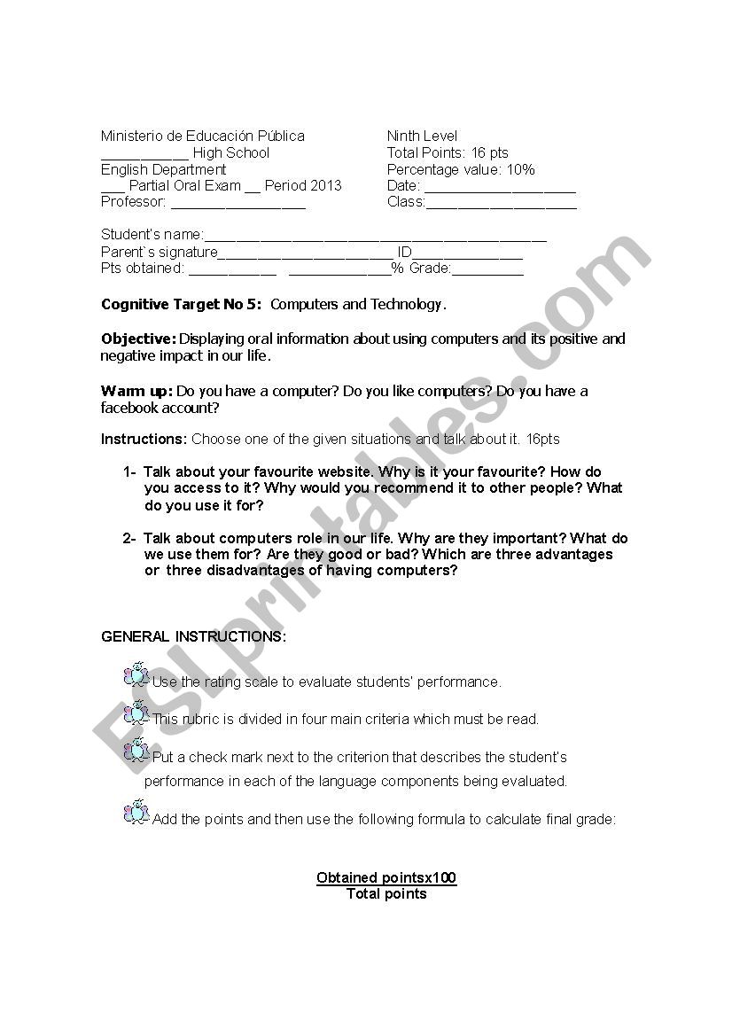 Speaking rubric worksheet