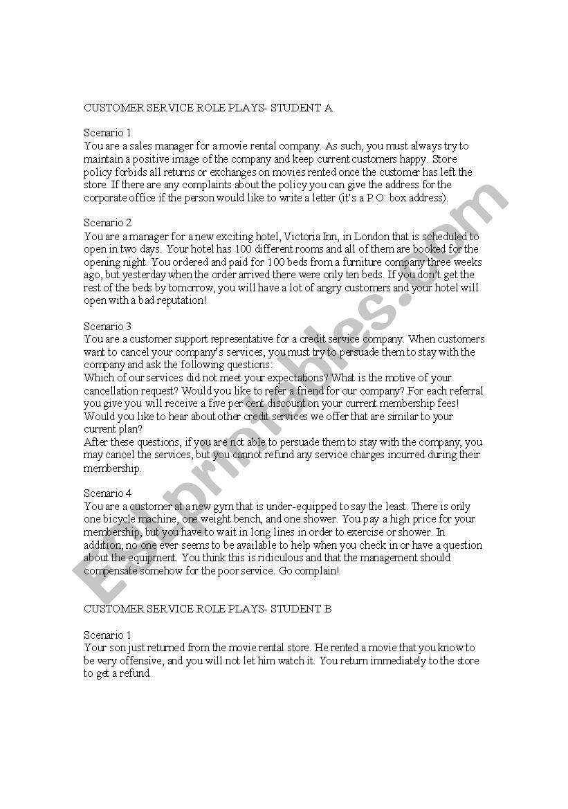 customer service role plays worksheet