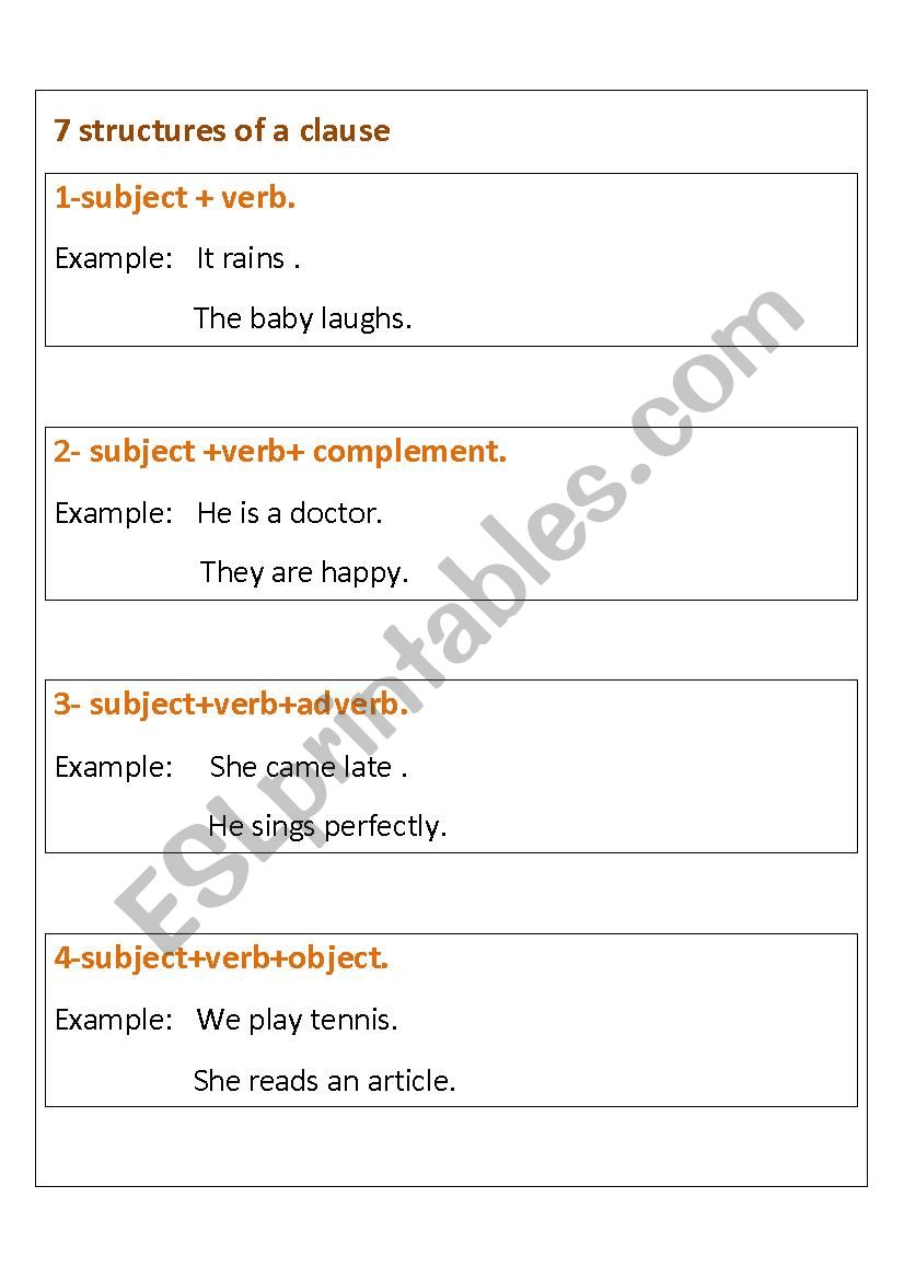 7 structures of a clause worksheet