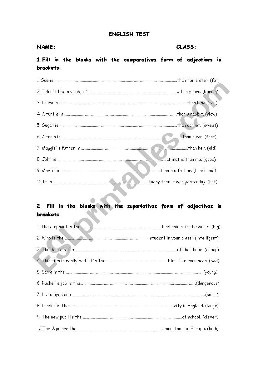 Comparatives and superlatives worksheet