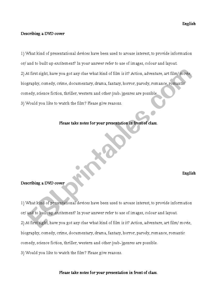 Describing a DVD cover worksheet