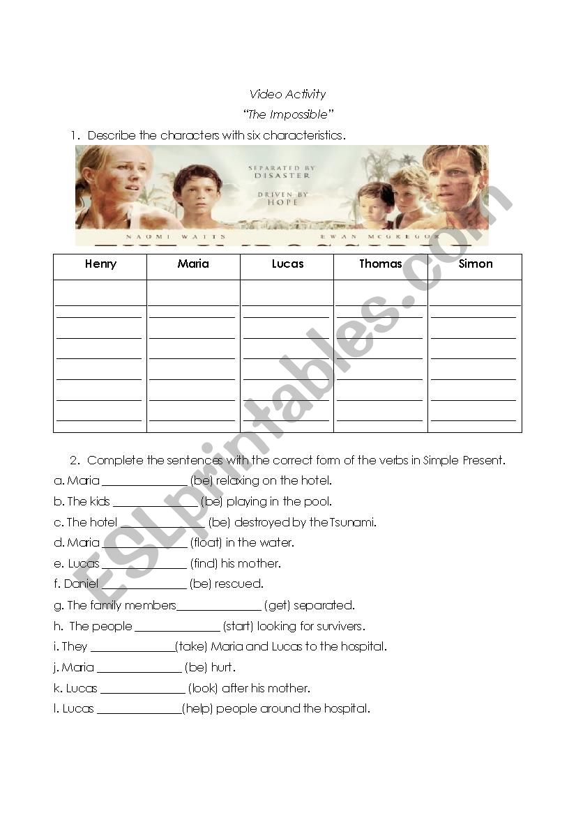 Movie The Impossible worksheet