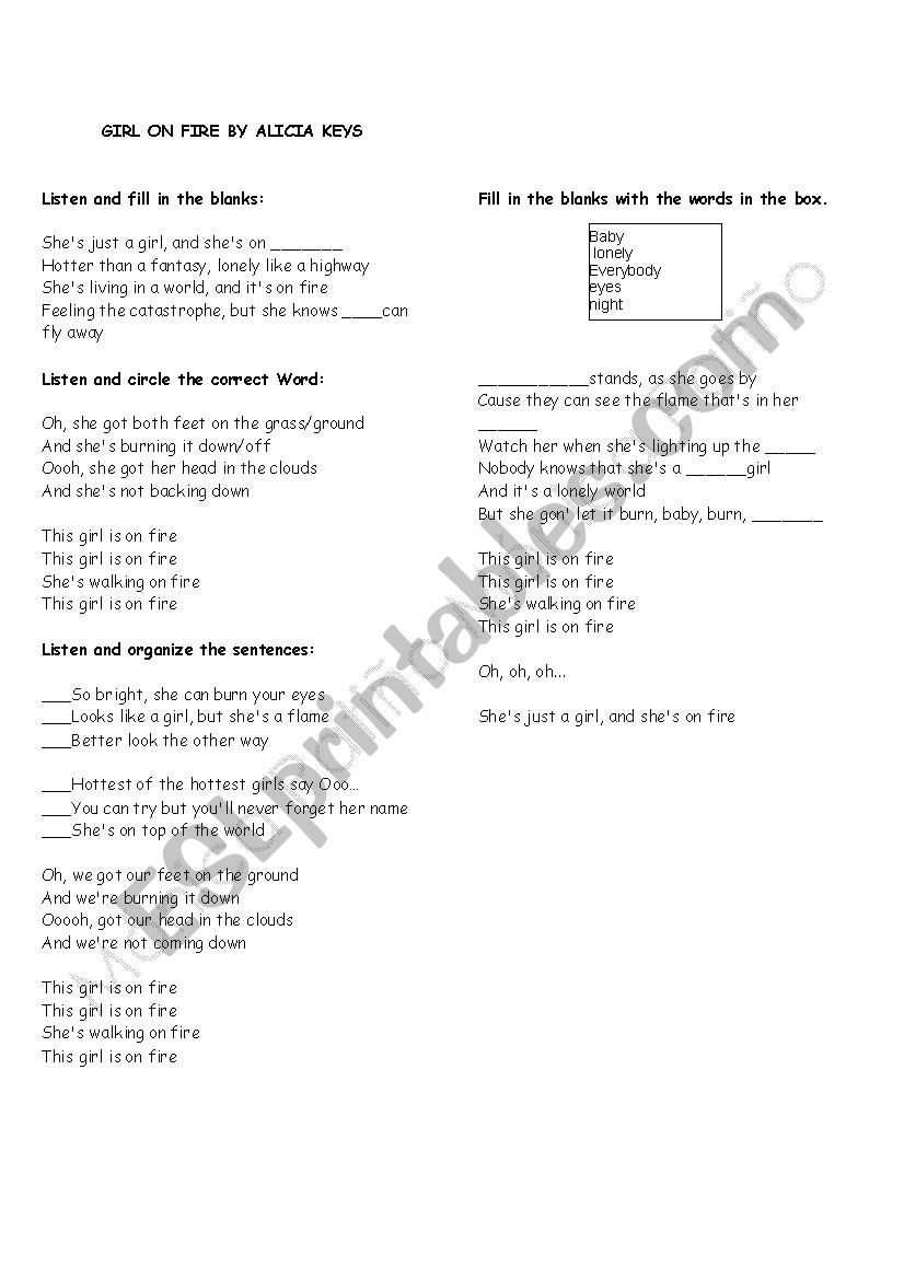 Girl on fire worksheet