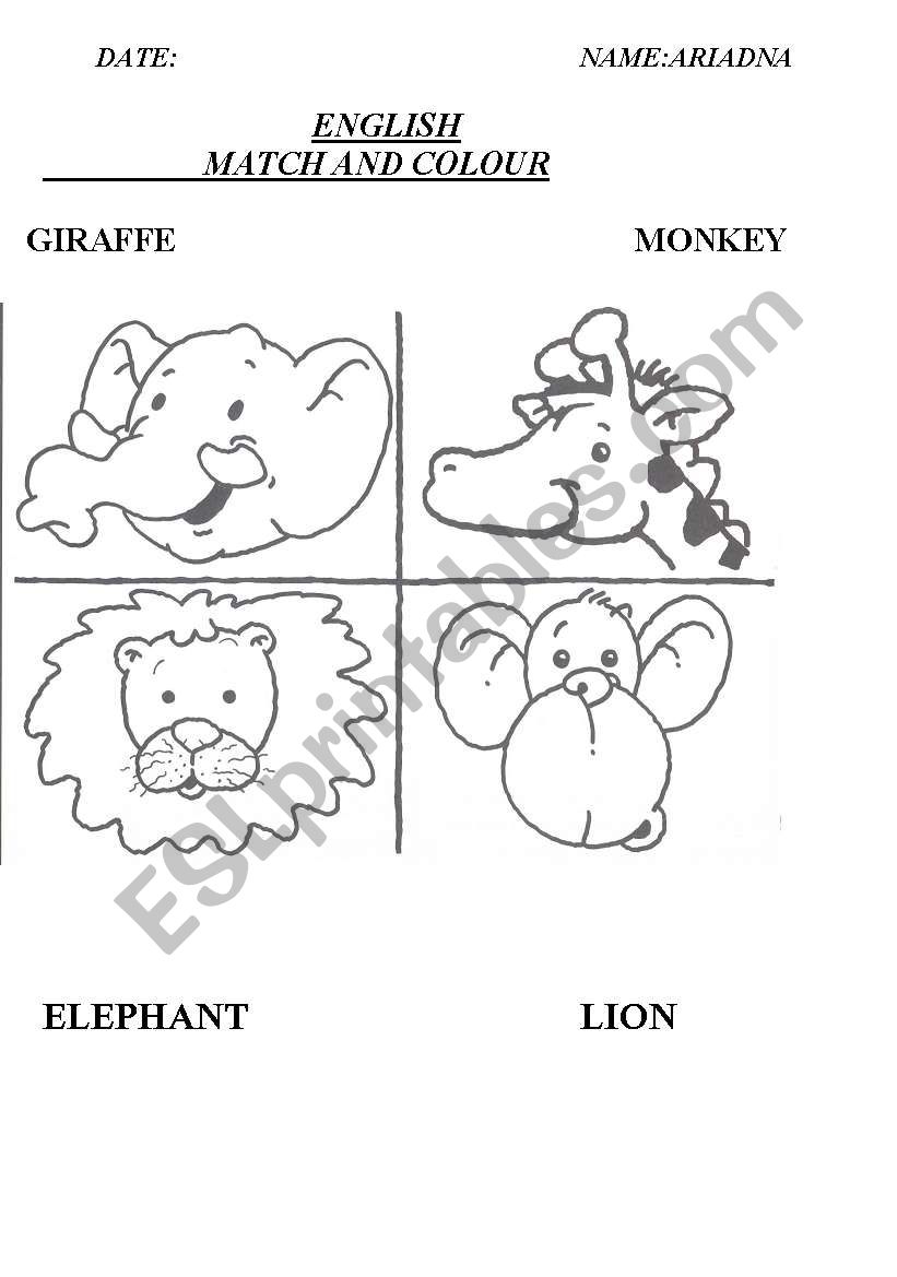 Match and colour animals worksheet