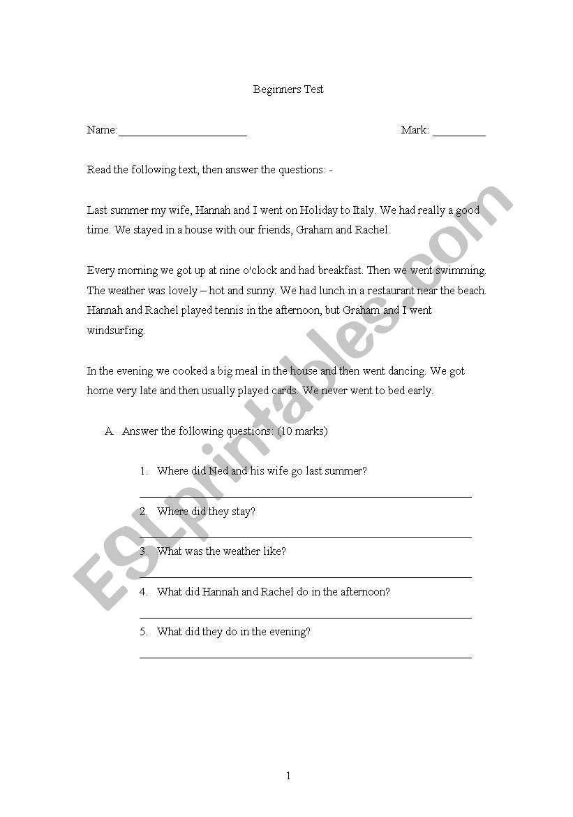 newhead way test level one worksheet